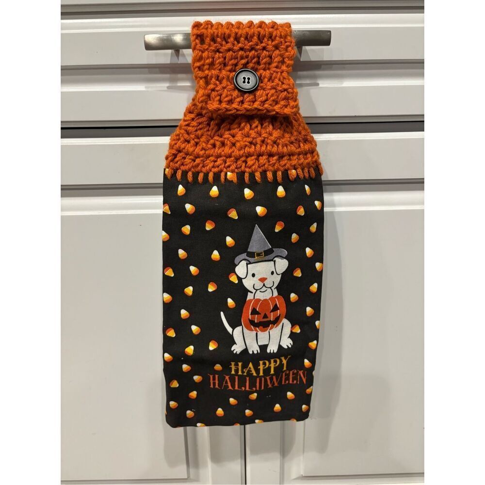 Crochet Top Kitchen Towel-Happy Halloween (dog w/pumpkin)